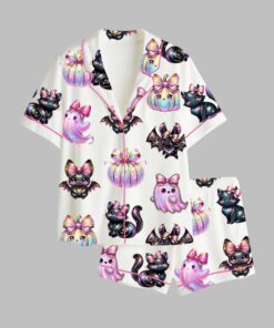 Iridescent Ghost Halloween Pumpkins Cats Bats Pastel Spooky Pajama Set