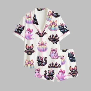Iridescent Ghost Halloween Pumpkins Cats Bats Pastel Spooky Pajama Set