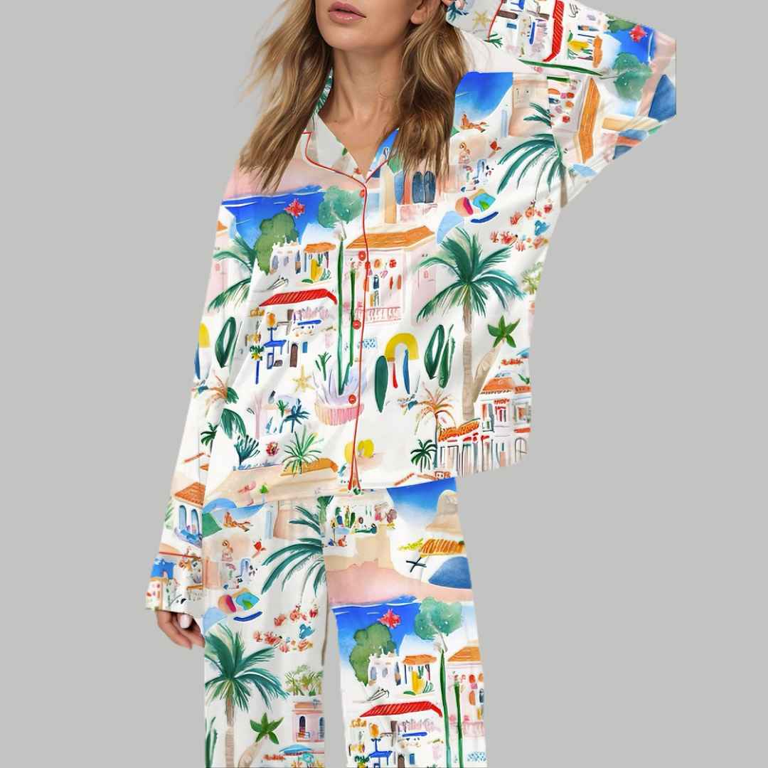 Italian Mediterranean Beach Silky Satin Pajama Set
