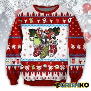 Jack Sally And Oogie Boogie Blue Funny Couples Ugly Christmas Sweaters - Grishko.com