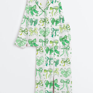 Jesus Christian St.Patrick Day Coquette Bow Long Sleeve Satin Pajamas Set