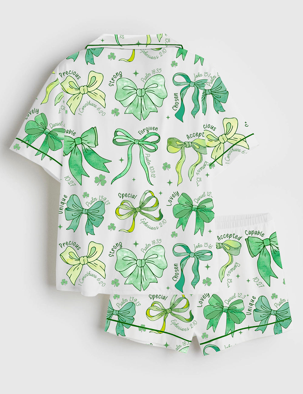 Jesus Christian St.Patrick Day Coquette Bow Short Sleeve Satin Pajama Set - Image 2