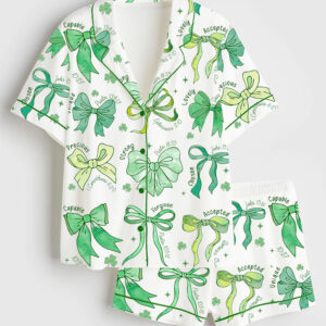 Jesus Christian St.Patrick Day Coquette Bow Short Sleeve Satin Pajama Set