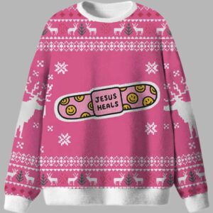 Alternative view of Jesus Heals Pink Christian Ugly Christmas Sweater - gullprint.com