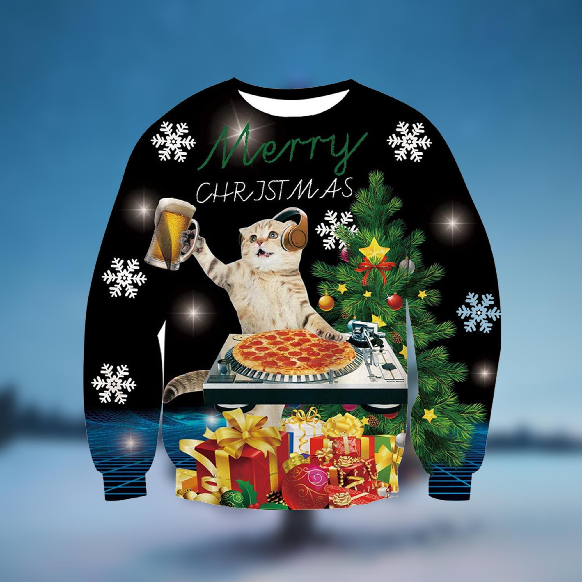 Jing Beer Pizza Cat Ugly Christmas Sweater - Grishko.com