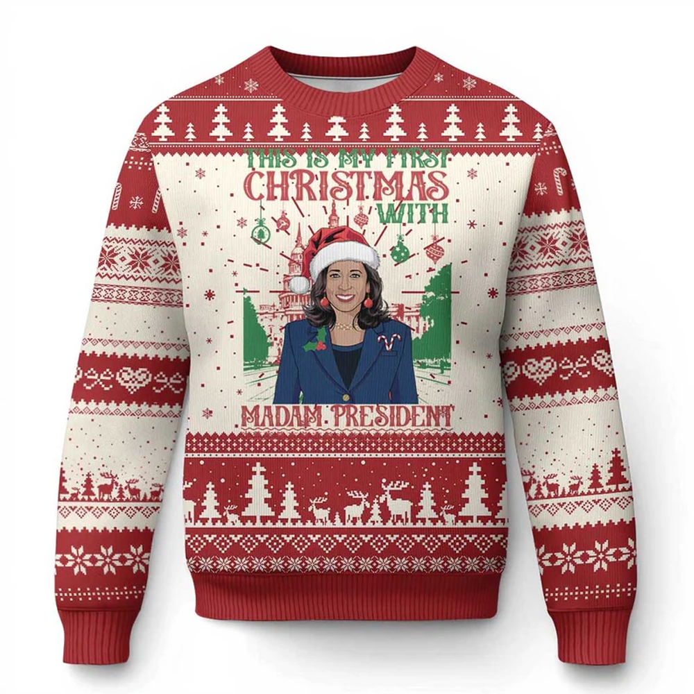 Kamala This Is My First Christmas With Madam President Ugly Christmas Sweater - Grishko.com