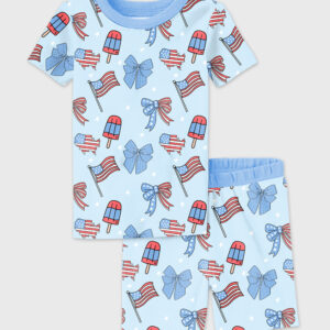 Kid's American Bows Flag And Ice Cream Patriotic Pajama Set