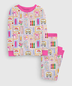 Kid's Back To School Trendy School Bus Colorful Bow Pencil Print Long Sleeve Pajama Set