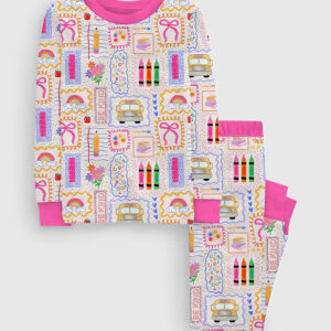 Kid's Back To School Trendy School Bus Colorful Bow Pencil Print Long Sleeve Pajama Set