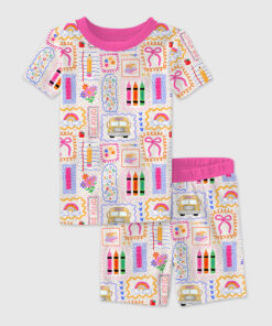 Kid's Back To School Trendy School Bus Colorful Bow Pencil Print Short Sleeve Pajama Set