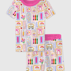 Kid's Back To School Trendy School Bus Colorful Bow Pencil Print Short Sleeve Pajama Set