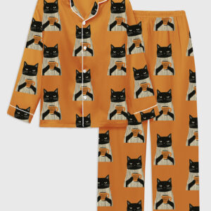 Kid's Black Cat Drinking Coffee Satin Family Pajama Set