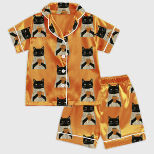 Alternative view of Kid's Black Cat Drinking Coffee Satin Family Pajamas Set