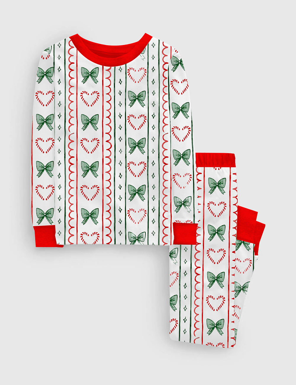 Kid's Christmas Candy Cane Stripes And Coquette Bows Long Sleeve Pajamas Set