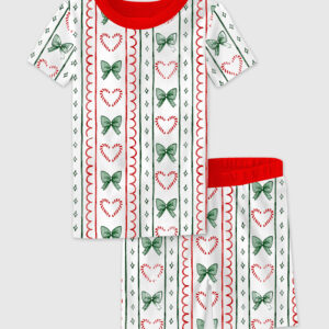 Kid's Christmas Candy Cane Stripes And Coquette Bows Short Sleeve Pajama Set