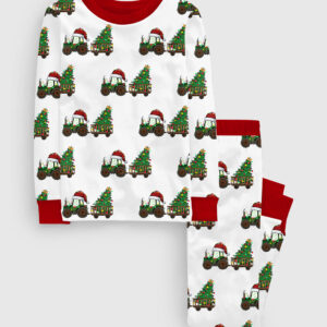 Kid's Christmas Tractor Santa And Tree Holiday Long Sleeve Pajama Set