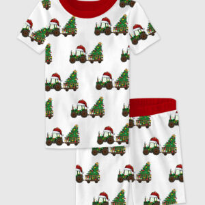 Kid's Christmas Tractor Santa And Tree Holiday Short Sleeve Pajama Set
