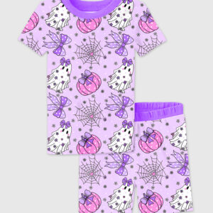 Kid's Coquette Halloween Cute Ghosts Pumpkins Spiderweb And Bows Short Sleeve Pajama Set