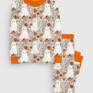 Kid's Cute Ghosts And Pumpkins Halloween Long Sleeve Pajama Set