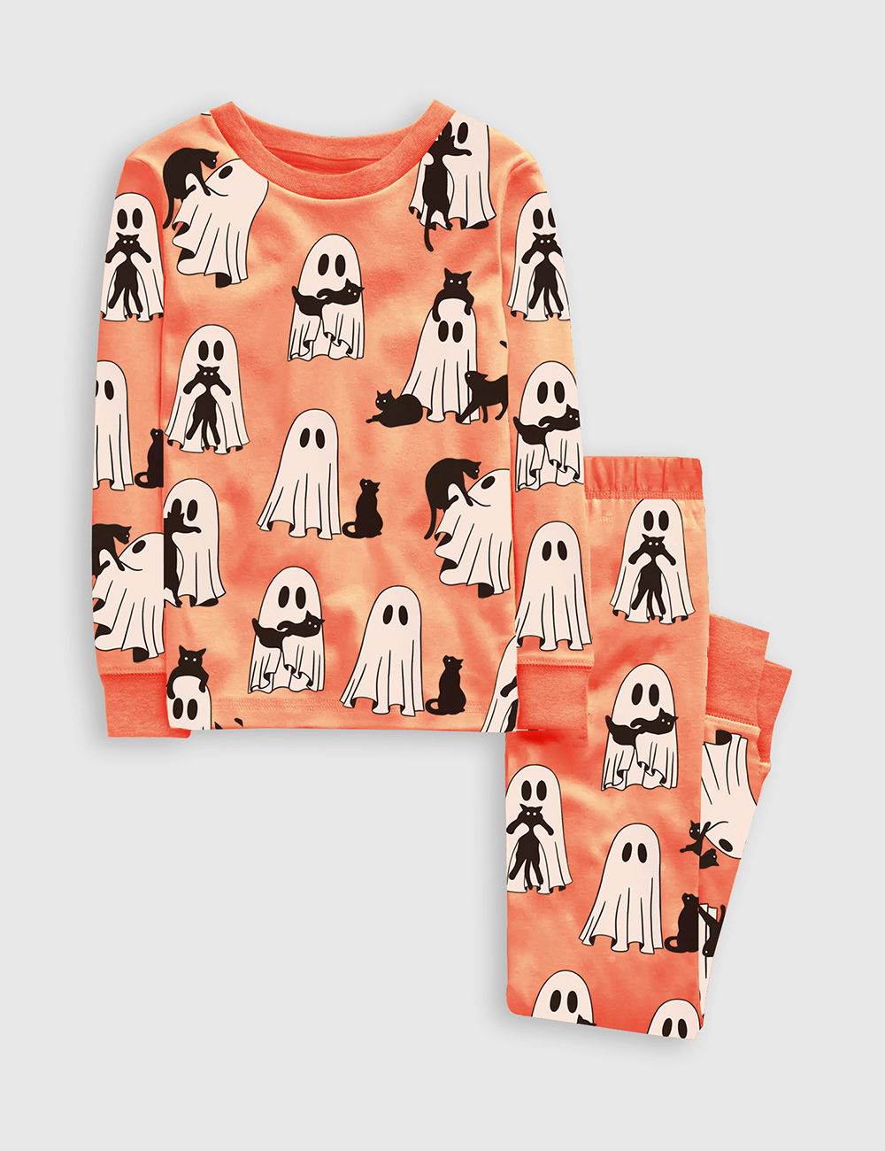 Kid's Ghost Cat Retro Ghost Halloween Spooky Season Long Sleeve Pajama Set