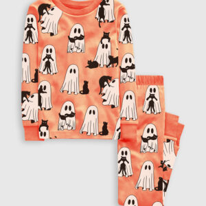 Kid's Ghost Cat Retro Ghost Halloween Spooky Season Long Sleeve Pajamas Set