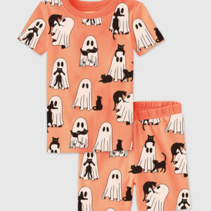 Kid's Ghost Cat Retro Ghost Halloween Spooky Season Short Sleeve Pajama Set