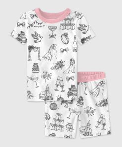 Kid's Hand Drawn Wedding Icons Champagne Wedding Timeline Print Short Sleeve Pajama Set