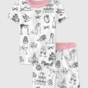 Kid's Hand Drawn Wedding Icons Champagne Wedding Timeline Print Short Sleeve Pajamas Set