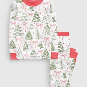 Kid's Preppy Christmas Tree Vintage Coquette Bow Long Sleeve Pajamas Set