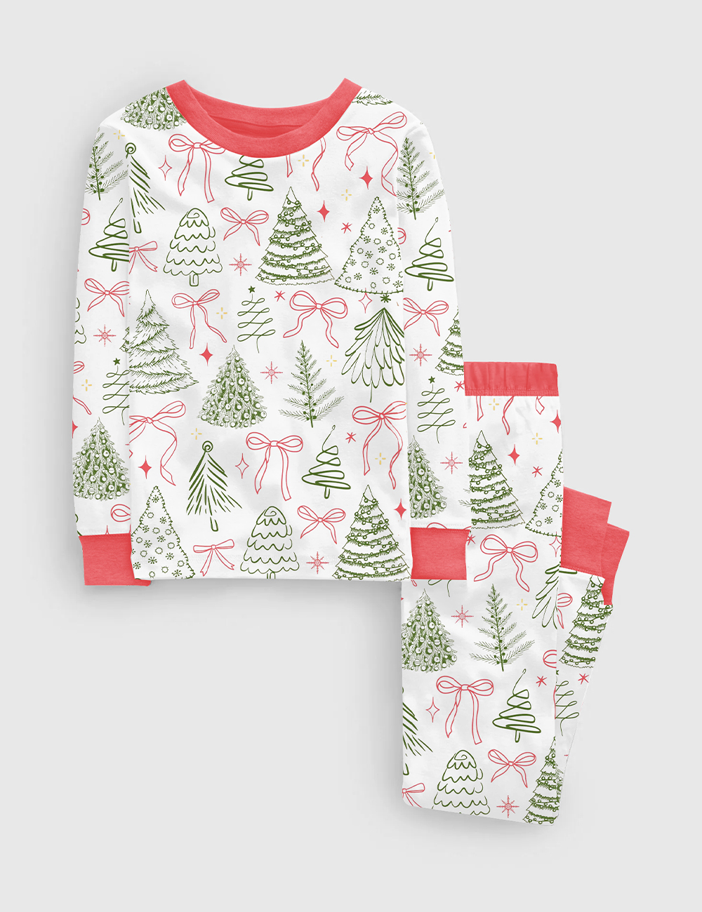 Kid's Preppy Christmas Tree Vintage Coquette Bow Long Sleeve Pajamas Set