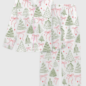 Kid's Preppy Christmas Tree Vintage Coquette Bow Long Sleeve Satin Pajama Set