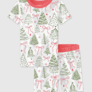 Kid's Preppy Christmas Tree Vintage Coquette Bow Short Sleeve Pajama Set