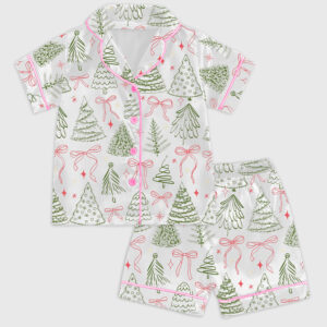 Kid's Preppy Christmas Tree Vintage Coquette Bow Short Sleeve Satin Pajama Set