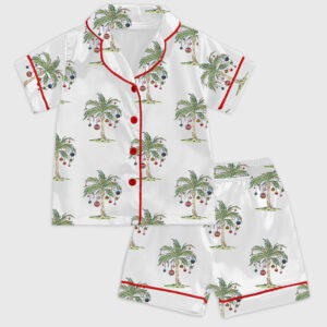 Kid's Tropical Christmas Aloha Holiday Beach Santa In July Hawaiian Short Sleeve Satin Pajama Set