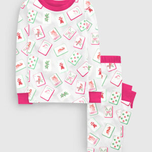 Kid's Watercolor Chinoiserie Millennial Mahjong Christmas Santa Party Long Sleeve Pajama Set