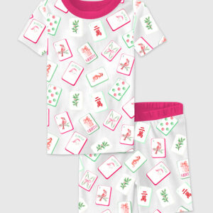 Kid's Watercolor Chinoiserie Millennial Mahjong Christmas Santa Party Short Sleeve Pajama Set