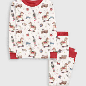 Kid's Watercolor Vintage Christmas Toys Winter Holiday Christmas Nutcracker Print Long Sleeve Pajama Set