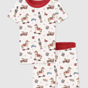 Kid's Watercolor Vintage Christmas Toys Winter Holiday Christmas Nutcracker Print Short Sleeve Pajama Set