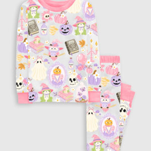 Kid's Witchy Halloween Spooky Halloween Aesthetics Witchy Coquette Pastel Halloween Witch Print Long Sleeve Pajama Set