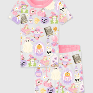 Kid's Witchy Halloween Spooky Halloween Aesthetics Witchy Coquette Pastel Halloween Witch Print Short Sleeve Pajama Set