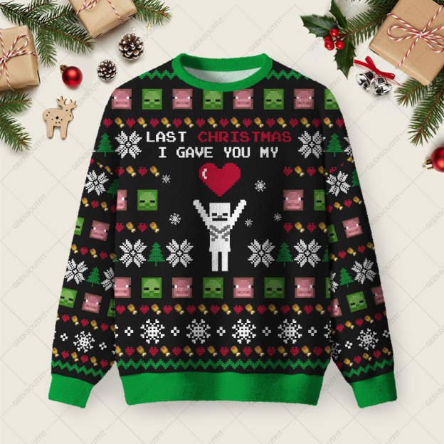Last Christmas I Give You My World Black Ugly Christmas Fuzzy Fleece Sweatshirt