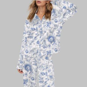 Light Blue And White Floral Silky Satin Pajama Set
