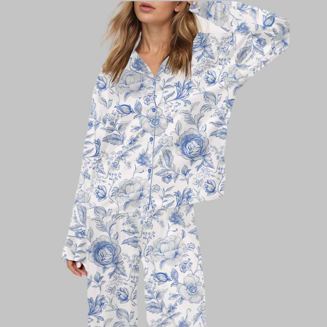 Light Blue And White Floral Silky Satin Pajama Set