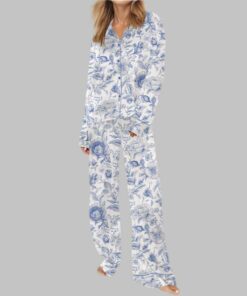 Alternative view of Light Blue And White Floral Silky Satin Pajama Set