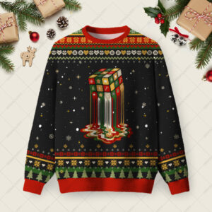 Melting Rubikâ€™s Cube Dream Ugly Christmas Fuzzy Fleece Sweatshirt