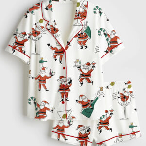 Menâ€™s Christmas Santa Martini Cocktail Mid Century Modern Cocktail Short Sleeve Satin Pajama Set