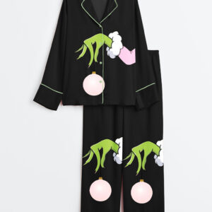 Men's Pink Christmas Grinch Long Sleeve Satin Family Pajamas Set