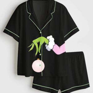 Men's Pink Christmas Grinch Short Sleeve Satin Family Pajama Set