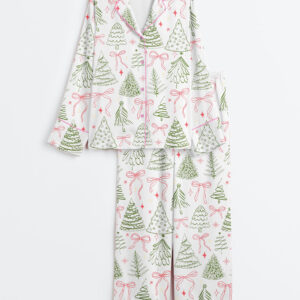 Men's Preppy Christmas Tree Vintage Coquette Bow Long Sleeve Satin Pajamas Set