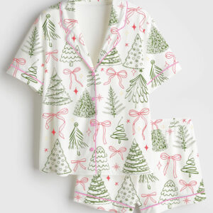 Menâ€™s Preppy Christmas Tree Vintage Coquette Bow Short Sleeve Satin Pajama Set